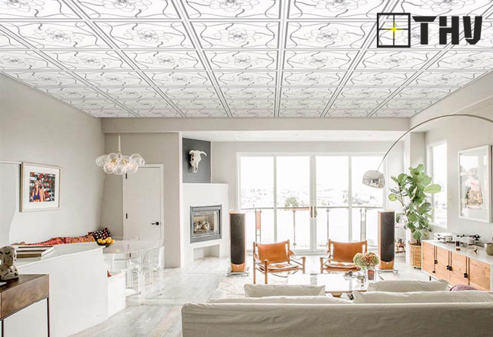 mẫu trần thạch cao phòng khách liền bếp 14