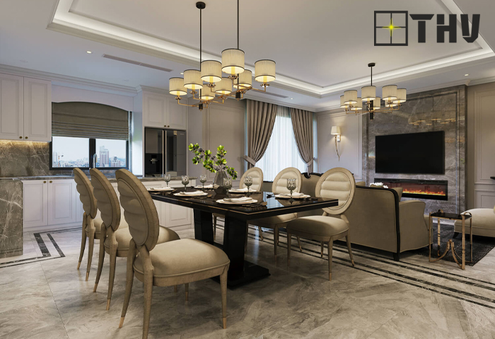 mẫu trần thạch cao phòng khách liền bếp 2