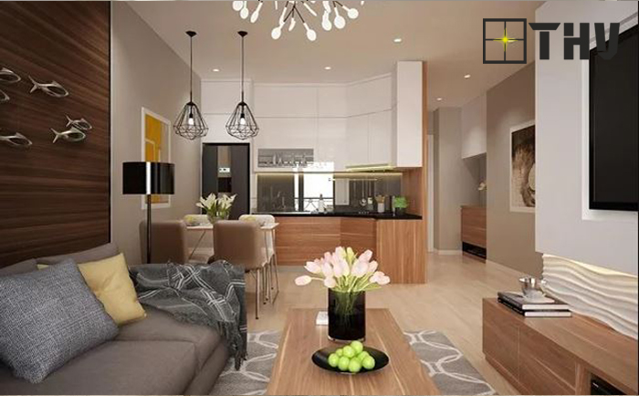 mẫu trần thạch cao phòng khách liền bếp 3