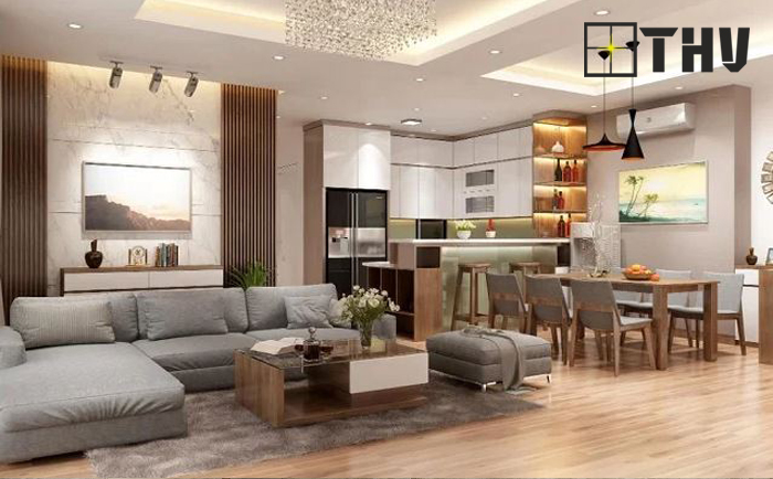 mẫu trần thạch cao phòng khách liền bếp 4