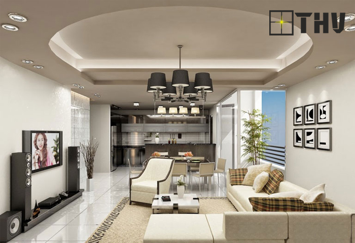 mẫu trần thạch cao phòng khách liền bếp 9